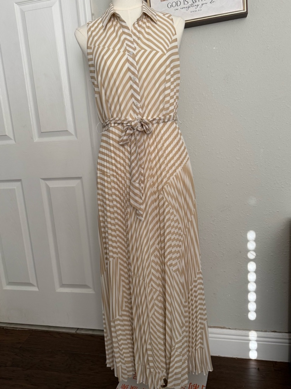 Sandra Darren Beige and White Striped Sleeveless Maxi Dress